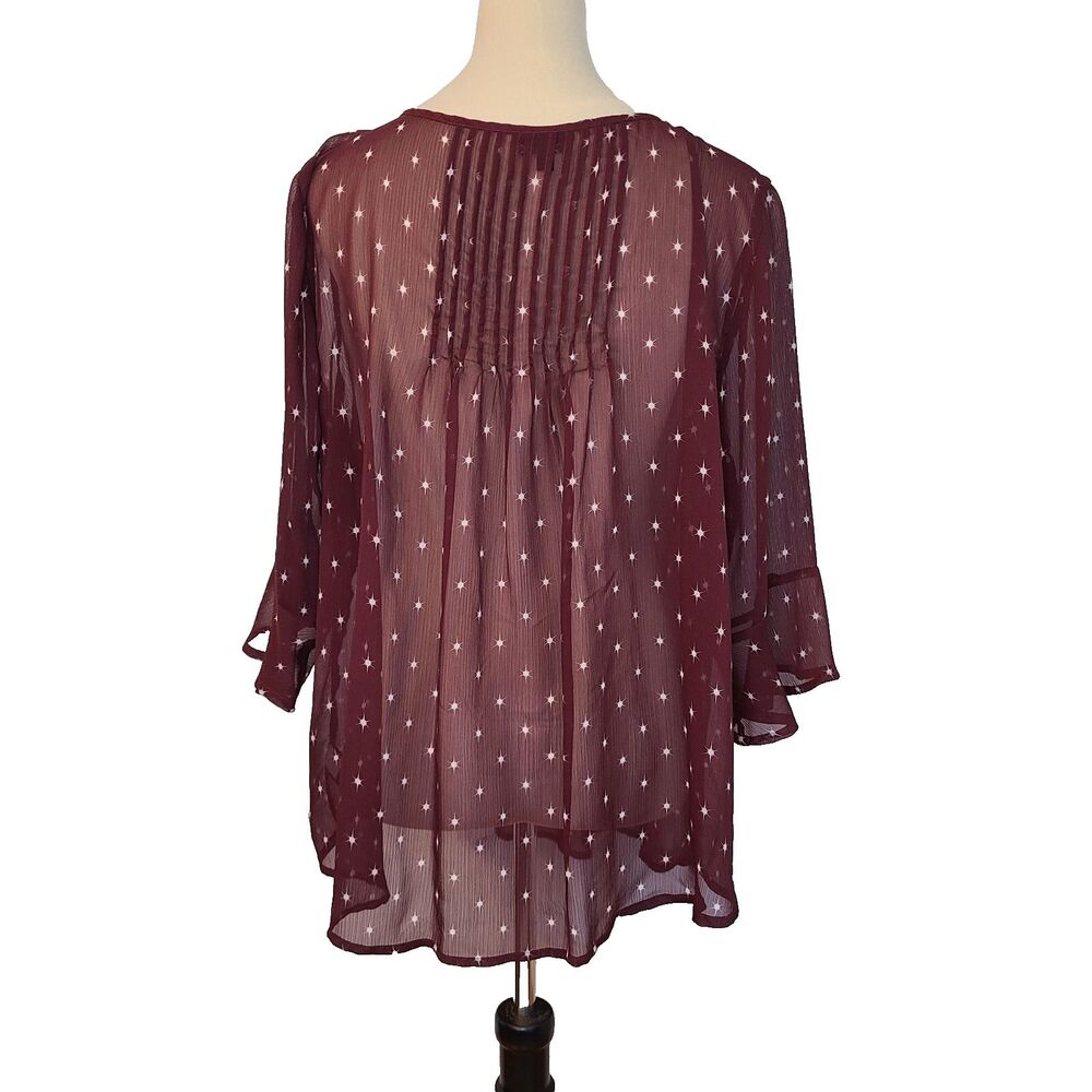 Torrid Burgundy Starburst Georgette Pleated Chiffon Blouse Boho Ruffle Slv Sz L - Picture 2 of 11